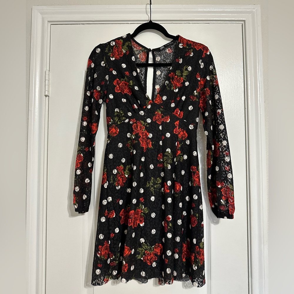 Zara Black and Red Floral Long Sleeve Dress